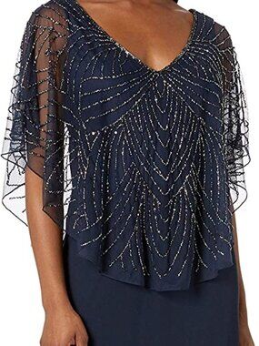 J KARA Womens Gown, Navy blue with sheer sparkly cover, V Neck, 16
